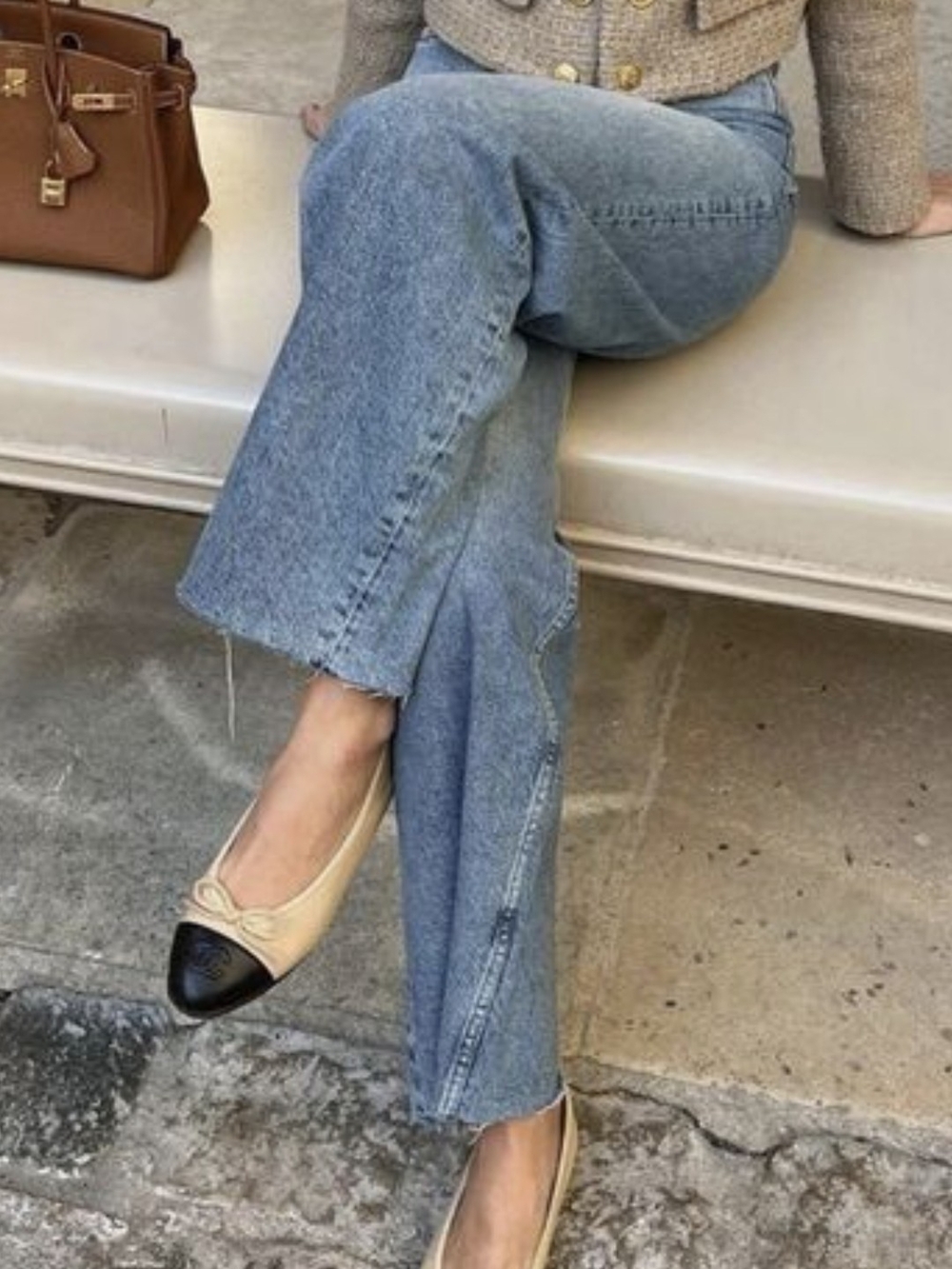 CHANEL Two-Tone Leather Cap-Toe Ballet Flats in Beige and Black - Picture 3 of 7